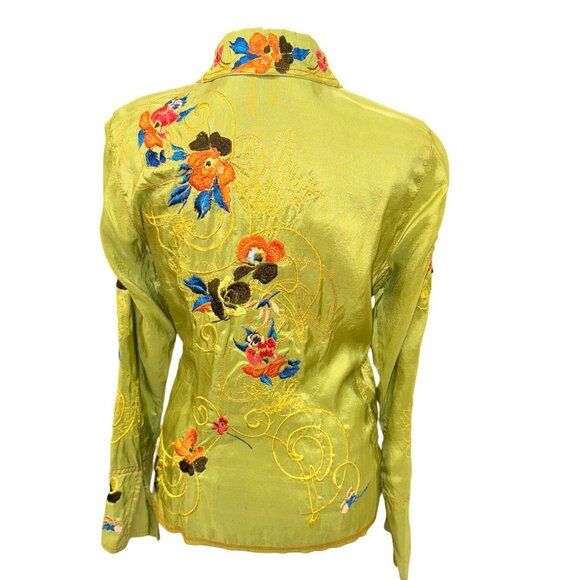 Vintage Inspired Johnny Was Green Floral Embroidered 100% Silk Button-Up Shirt S - Picture 3 of 9